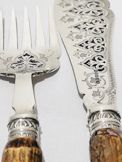 Pair of Antique Silver Plated and Antler Fish Serving Cutlery