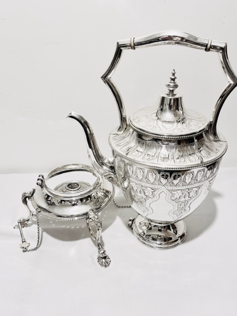 Large Antique Silver Plated Tea Kettle on Stand