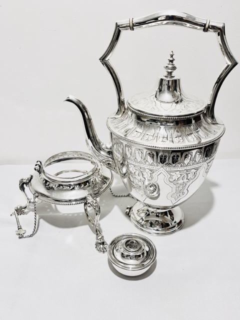 Large Antique Silver Plated Tea Kettle on Stand
