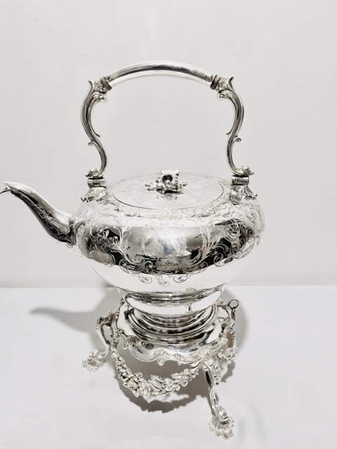 Handsome Antique Silver Plated Kettle on Stand and Original Burner