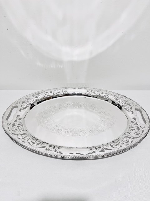 Stylish Antique Silver Plated Tray with Raised Sides and Cut Out Handles