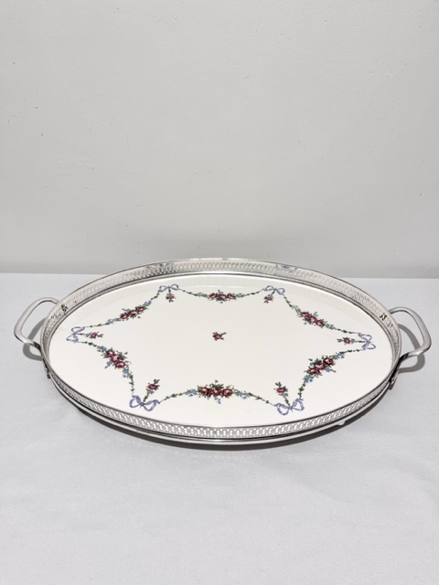 Antique Silver Plated Gallery Tray Around a Porcelain Base (c.1900)