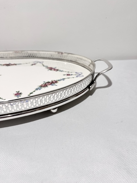 Antique Silver Plated Gallery Tray Around a Porcelain Base