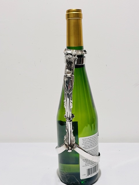 Stylish Antique Silver Plated Wine Bottle Holder with Curved Ribbon Type Ends