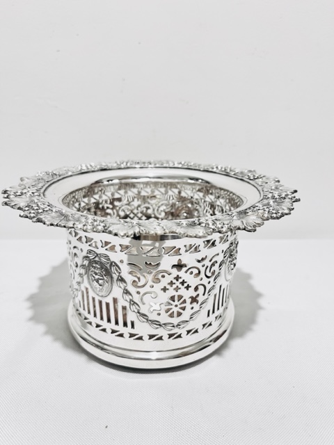 Antique Silver Plated Wine or Champagne Bottle Coaster with Swags of Tulips and Lion Heads Masks