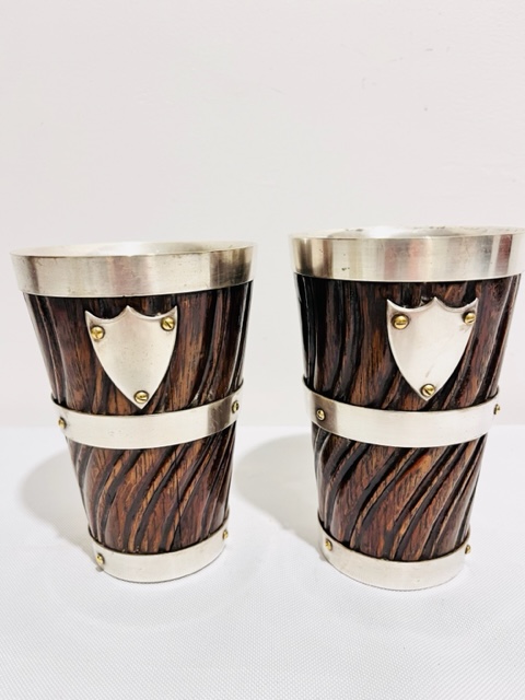 Handsome Pair of Antique Oak & Silver Plated Beakers