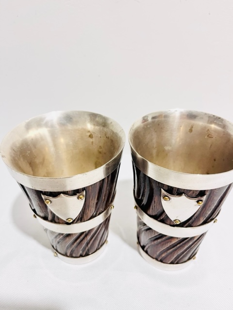Handsome Pair of Antique Oak & Silver Plated Beakers