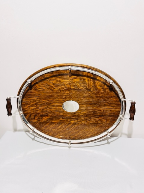 Antique Oak and Silver Plated Tray with Wire Raised Gallery
