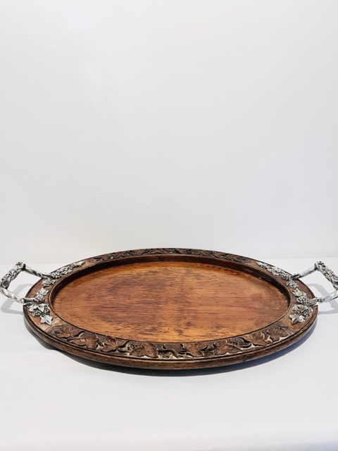Antique Carved Oak Tray with Silver Plated Handles (c.1880)