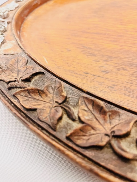 Antique Carved Oak Tray with Silver Plated Handles