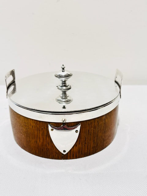 Antique Silver Plated and Oak Butter Dish with White Ceramic Liner
