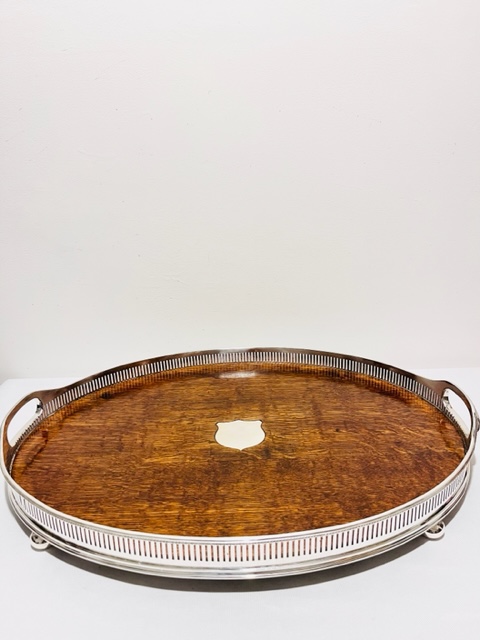 Smart Antique Silver Plate and Wood Oval Gallery Tray (c.1900)