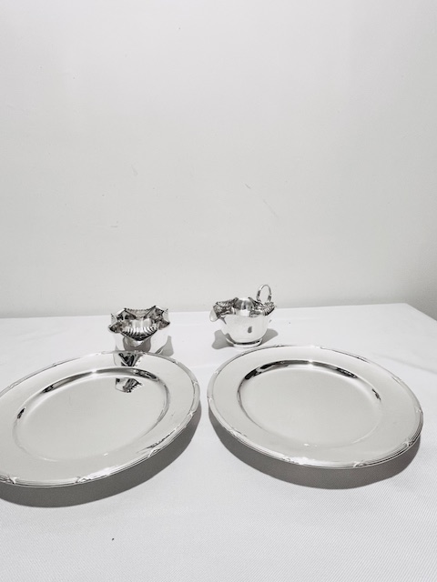 Unusual Antique Silver Plated Two Tier Cake Stand with Milk Jug and Sugar Bowl