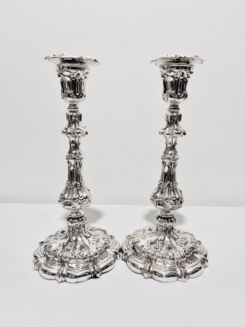 Handsome Pair of Antique Silver Plated Candlesticks Decorated with Leaves and Swirls