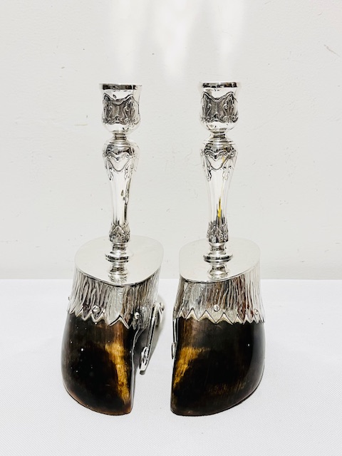 Pair of Novelty Antique Candlesticks with Hoofs and Mounted in Silver Plate