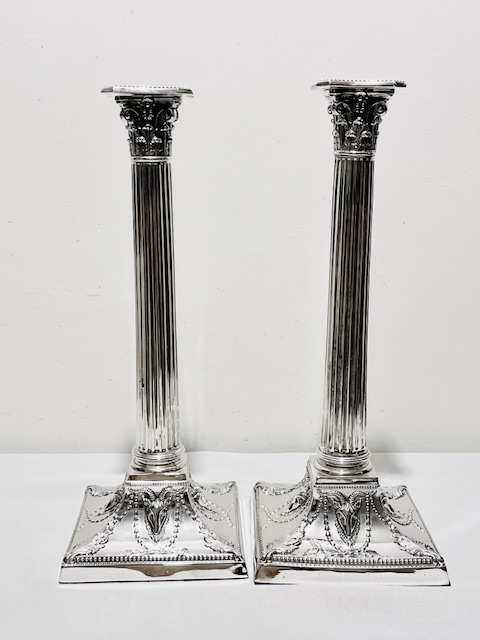 Pair of Traditional Corinthian Antique Silver Plated Candlesticks