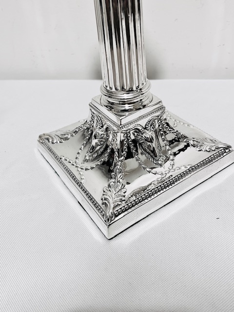 Pair of Traditional Corinthian Antique Silver Plated Candlesticks