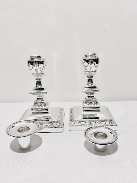Pair of Antique Silver Plated Candlesticks with Square Bases