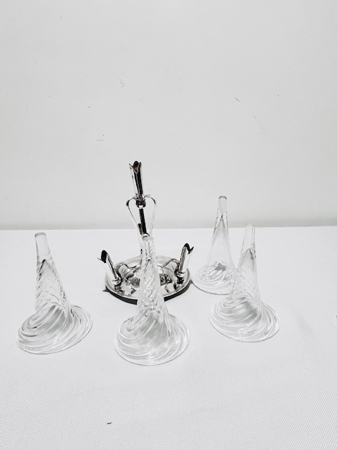 Small Antique Silver Plated and Glass Epergne with Four Glass Flower Holders