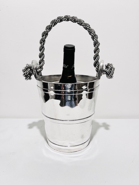 Unusual Antique Silver Plated Champagne Bucket with Bold Rope Twist Handle