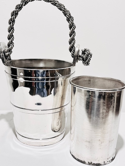Unusual Antique Silver Plated Champagne Bucket with Bold Rope Twist Handle