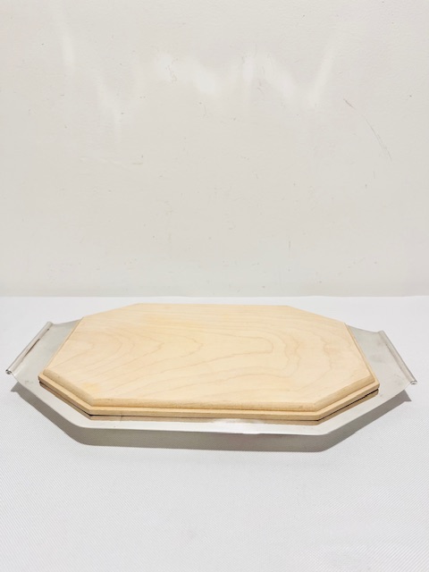 Antique Wooden Bread or Cheese Board Sitting in Original Plated Tray