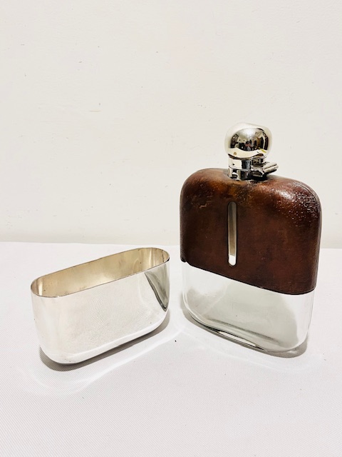 Antique Silver Plated and Brown Leather Hip Flask with Removable Cup