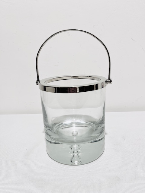 Vintage Glass Ice Bucket with Silver Plated Top Band and Swing Handle