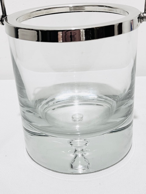 Vintage Glass Ice Bucket with Silver Plated Top Band and Swing Handle