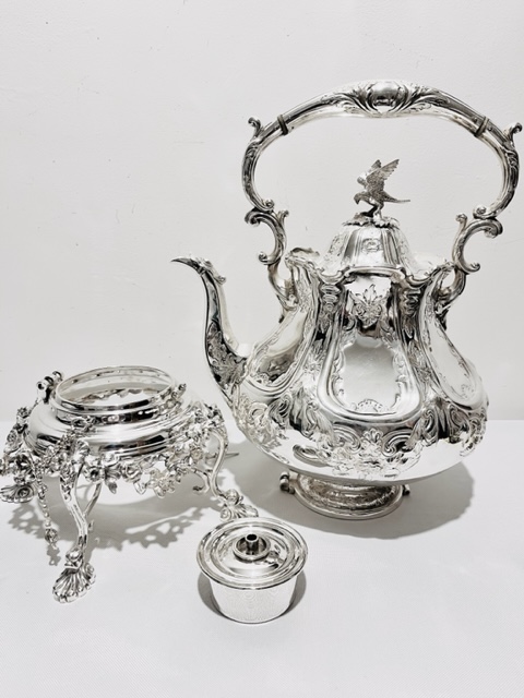 Handsome Antique Silver Plated Tea Kettle on Stand with Eagle Finial
