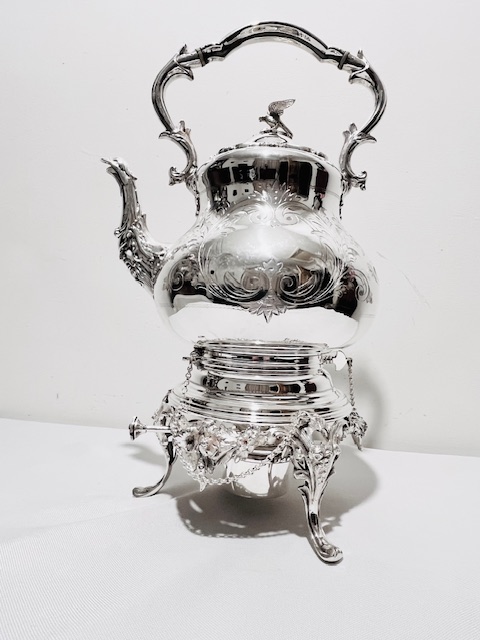 Antique Silver Plated Tea Kettle on Stand with Eagle Finial