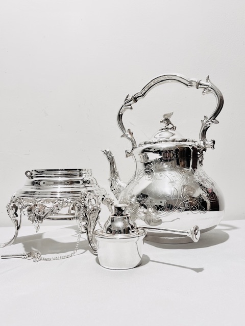 Antique Silver Plated Tea Kettle on Stand with Eagle Finial