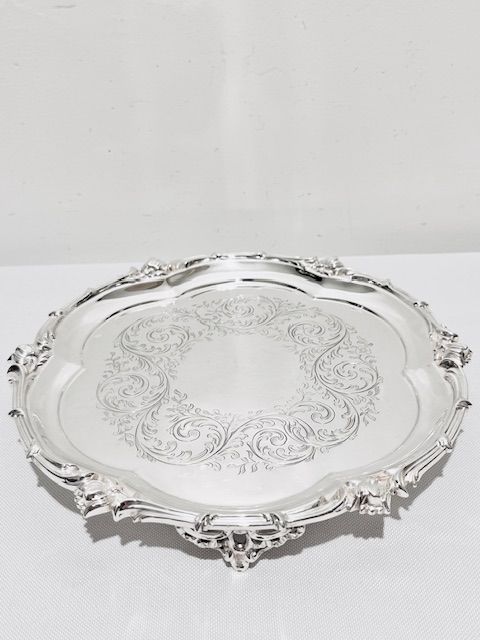 Handsome Antique Silver Plated Salver on Three Elaborate Feet