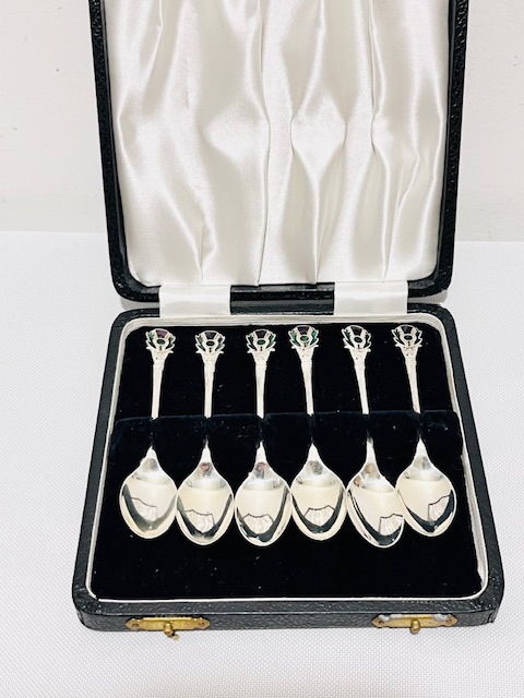 Set of Antique Silver Plated Teaspoons with Enamelled Scottish Thistles