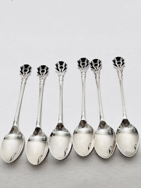 Set of Antique Silver Plated Teaspoons with Enamelled Scottish Thistles