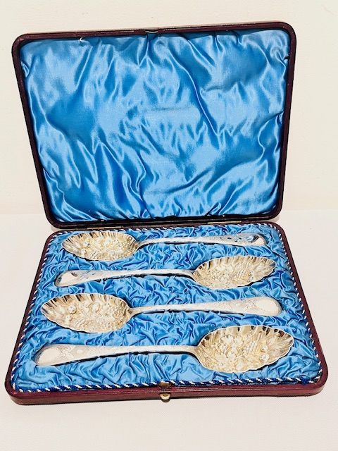 Boxed Set of Four Antique Silver Plated Fruit Serving Spoons