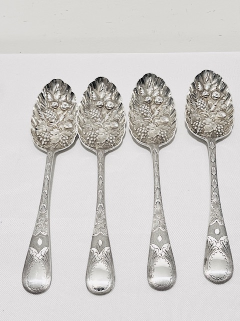 Boxed Set of Four Antique Silver Plated Fruit Serving Spoons