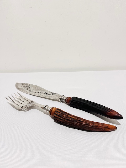 Smart Pair of Antique Silver Plated Fish Servers with Antler Handles