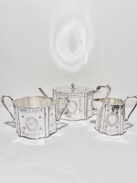 Antique Silver Plated Three Piece Can Shaped Tea Set (c.1880)