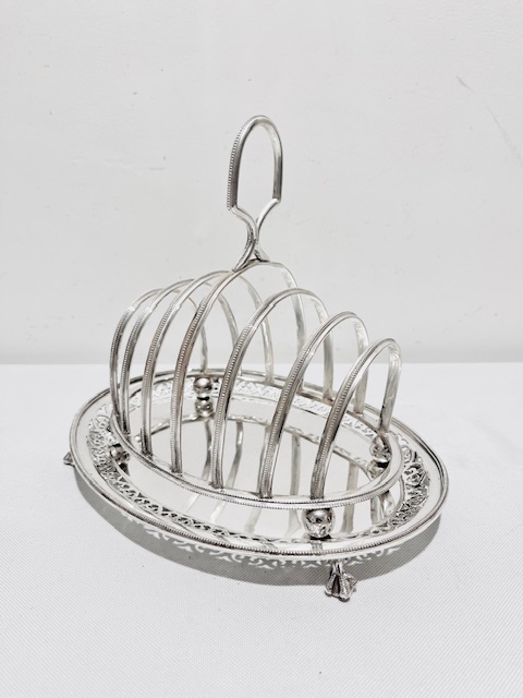 Large Antique Silver Plated Toast Rack with Removable Oval Base Tray