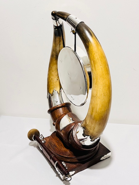 Handsome Antique Silver Plated Oak and Cow Horn Dinner Gong