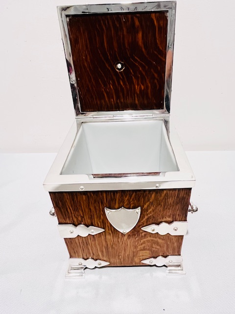 Smart Antique Oak Biscuit Box with Silver Plated Mounts
