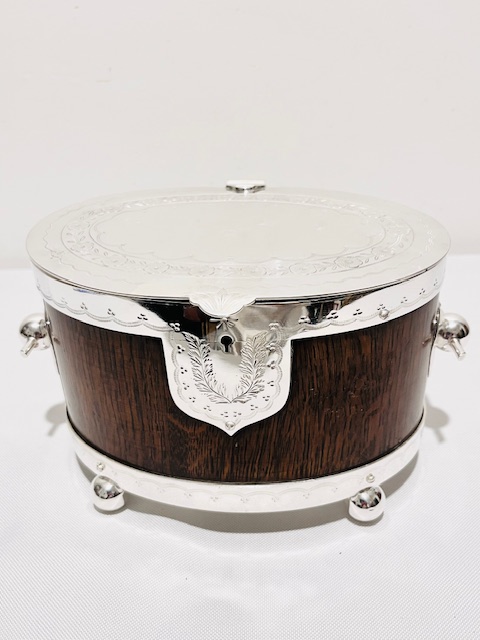 Antique Oval Silver Plated and Oak Biscuit Box (c.1890)