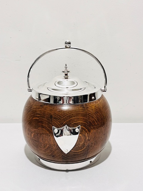 Vintage Ball Shaped Silver Plated and Oak Biscuit Box (c.1930)