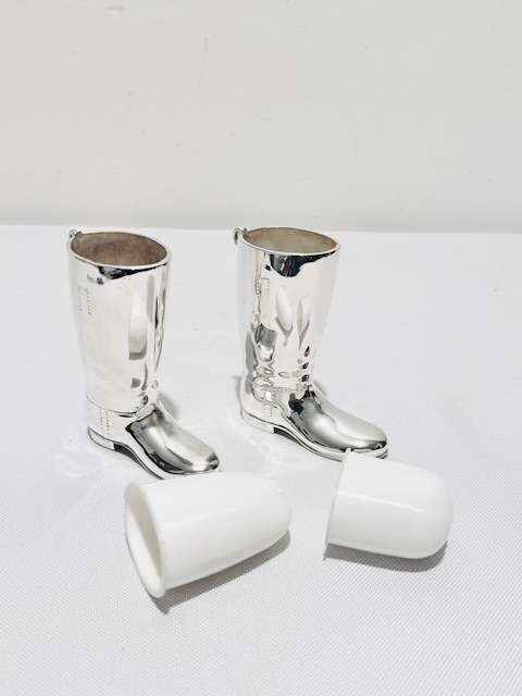 Vintage Silver Plated Jiggers or Shot Measures in the Form of Riding Boots Vintage Silver Plated Jiggers or Shot Measures in the Form of Riding Boots