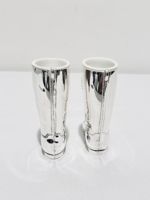 Vintage Silver Plated Jiggers or Shot Measures in the Form of Riding Boots Vintage Silver Plated Jiggers or Shot Measures in the Form of Riding Boots