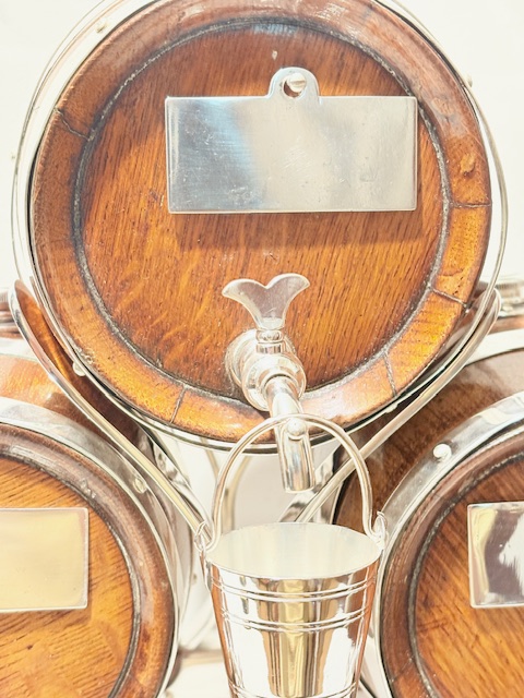 Three Rare Antique Silver Plated and Oak Brandy Whisky or Port Barrels Three Rare Antique Silver Plated and Oak Brandy Whisky or Port Barrels