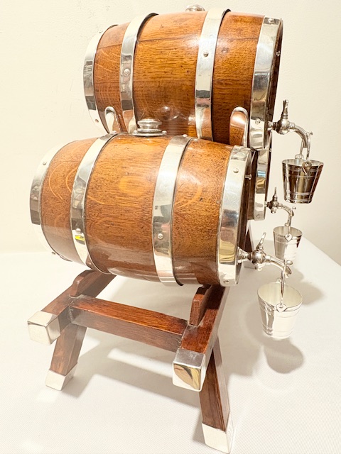 Three Rare Antique Silver Plated and Oak Brandy Whisky or Port Barrels Three Rare Antique Silver Plated and Oak Brandy Whisky or Port Barrels