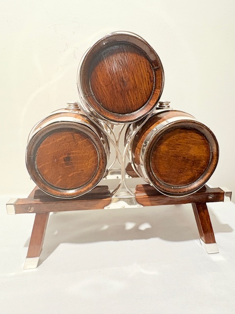 Three Rare Antique Silver Plated and Oak Brandy Whisky or Port Barrels Three Rare Antique Silver Plated and Oak Brandy Whisky or Port Barrels