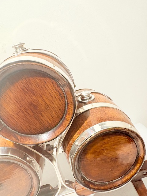 Three Rare Antique Silver Plated and Oak Brandy Whisky or Port Barrels Three Rare Antique Silver Plated and Oak Brandy Whisky or Port Barrels